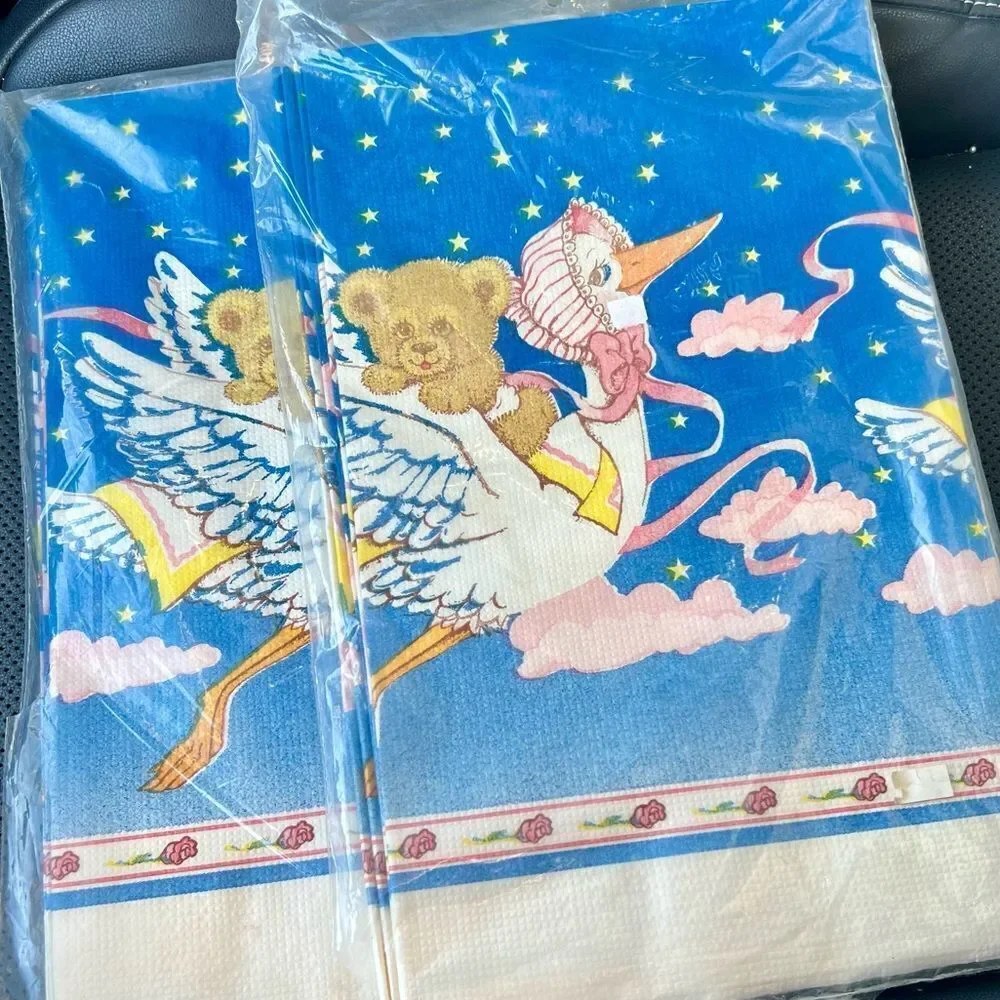 C. A. Reed Tablecloths (2) Stork‎ Teddy Baby Shower Paper 52 in. X 92